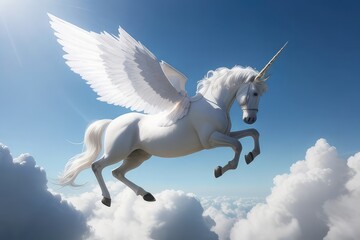 white unicorn horse with wings  in the sky
