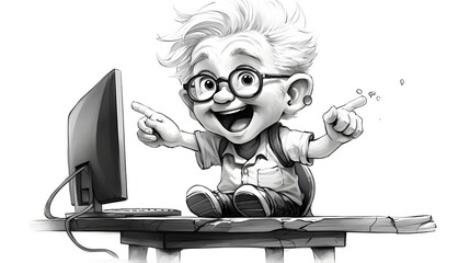 Cartoon illustration of a senior man with a laptop computer and headphones.