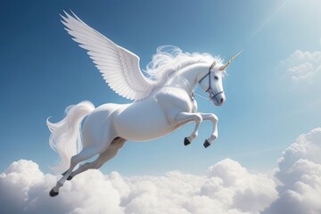 white unicorn horse with wings  in the sky