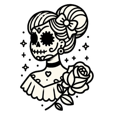 Girl with a rose, catrina deads day mexican vector