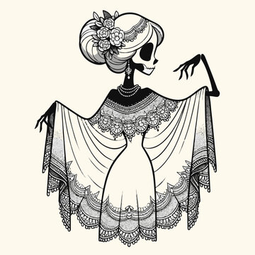 illustration catrina of a dress with flowers