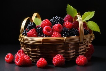 raspberries and blueberries in a basket photo