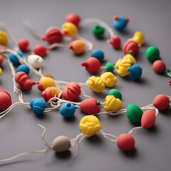 Colorful beads in shape of heart on grey background. closeup