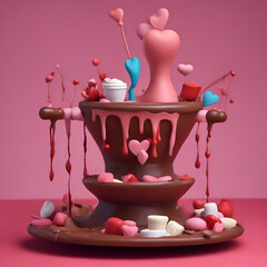 Chocolate fondue with hearts and marshmallows. 3d render