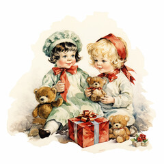 Vintage children christmas illustration isolated on a white background (generative AI)