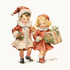 Vintage children christmas illustration isolated on a white background (generative AI)