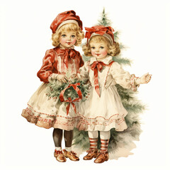 Vintage children christmas illustration isolated on a white background (generative AI)