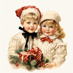 Vintage children christmas illustration isolated on a white background (generative AI)