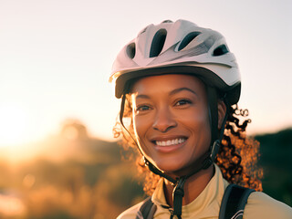 Portrait of a smiling African American cyclist woman with helmet during a sunset