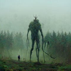 Long legged giant wendigo walking in green forest on a foggy morning with tiny people watching 