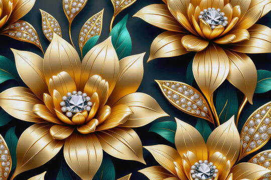 Fototapeta Luxurious and elegant gold floral wallpaper design. Generative ai