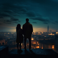silhouettes of a couple under dim lighting on top of a rooftop, their backs towerd the camera, standing side, the rooftop overlooks a city, tones blue