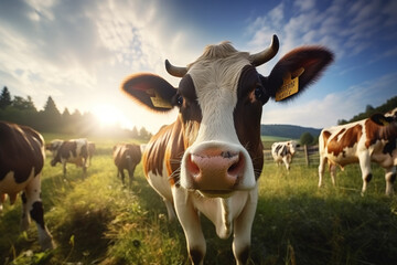 Cows with smart collar in modern farm livestock animal with sunlight