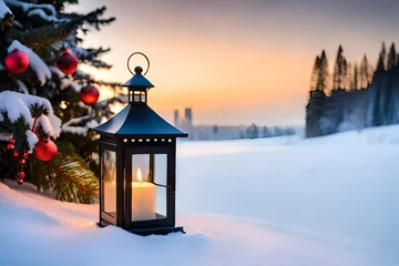 Fotobehang christmas lantern in the snow © asad