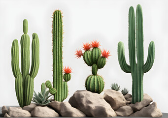 Isolate cactus plants row on rocks foreground 3d rendering. Generative AI