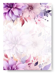 Corner of purple peony flower arrangement on wedding invitation background.