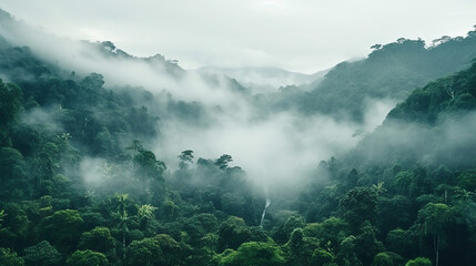 A mysterious and ethereal scene of foggy mountains rising above a dense jungle landscape.