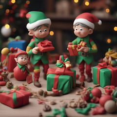 Fototapeta na wymiar Santa Claus and elf with gifts on the background of the Christmas tree