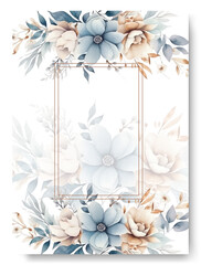 Corner of pastel blue anemone flower arrangement on wedding invitation background.