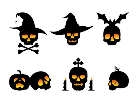 Halloween Skull Silhouettes with Spider, Bat and Pumpkin
