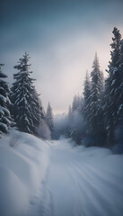 Winter landscape with snow covered fir trees in the mountains. Carpathians. Ukraine