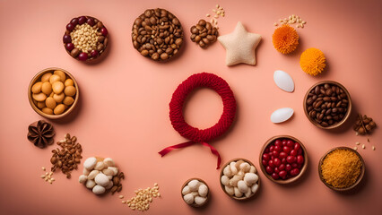 Coffee beans. nuts. raisins. peanuts. candied fruits. almonds. hazelnuts. cranberries. pine nuts on a pink background