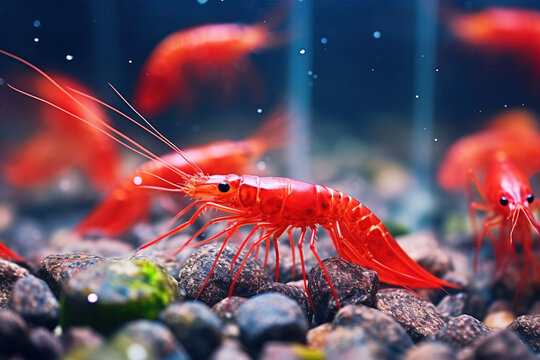 red shrimps in freshwater aquarium - pets hobby animal