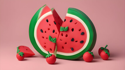 watermelon and strawberries on a pink background. 3d rendering.