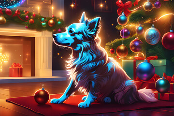 Linda arte digital natalina de pet ao lado de uma brilhante e enfeitada árvore de natal. Ilustração de cachorro fofo observando o espirito natalino no fim de ano gelado. Desenho de animal natalino.