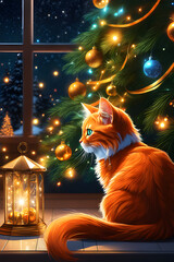 Beautiful Christmas digital art of a pet next to a bright and decorated Christmas tree. Illustration of cute orange cat observing the Christmas spirit at the frosty end of the year. Christmas animal