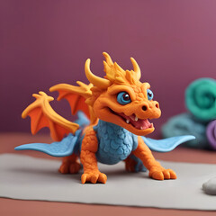 Funny plasticine dragon with blue wings on a pink background.
