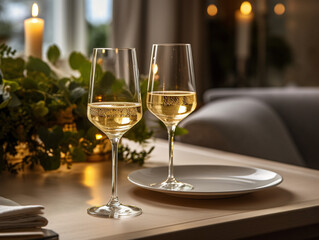 A classy dining room setting with a glass of champagne wine being served on a tray.