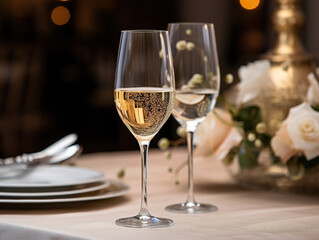 A sparkling glass of champagne wine being elegantly served in a luxurious dining room setting.