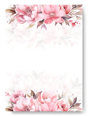 Elegant border wedding invitation card template design, pink peony floral bouquet decorated on line frame on white