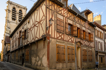 Fototapeta na wymiar Medieval central part of Troyes old city with half-timbered houses and narrow streets, Champagne, France, tourists destination