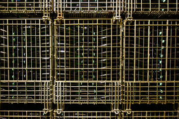 Many bottles of champagne sparkling wine. Visit of undergrounds caves, traditional producing of champagne wine in Cote des Bar, Aube, south of Champagne, France