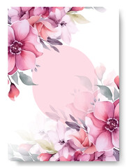 Wedding invitation with pink anemone floral ornament and floral frame.