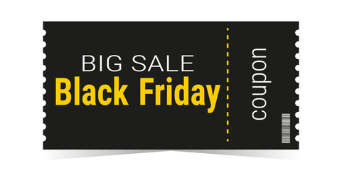 Black Friday sale ticket coupon template layout. Bright text black and yellow design. Coupon with a big discount. Simple design. Isolated vector illustration white background.