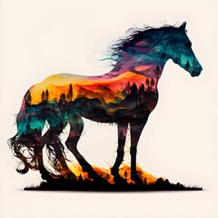 silhouette colorfull drawing of a wild mustang white background 