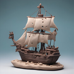 Wooden ship model with sand on blue background. 3d rendering