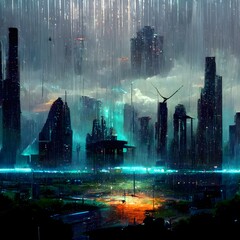 cyberpunk rain on a solarpunk backdrop with aethercore wind 