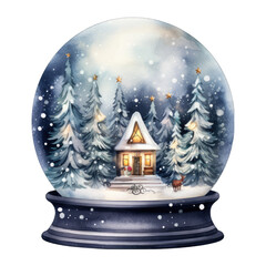 Cozy Cabin Christmas snow globe, watercolor illustration. Isolated on white transparent background