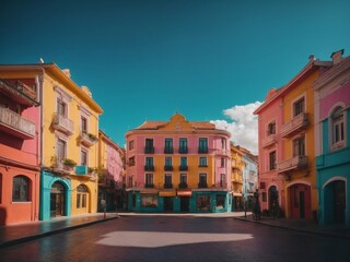 Fototapeta na wymiar colorful buildings in city with colored streets and roads