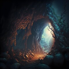 cave entrance to a place where monsters live and treasure hides natural lighting fantasy world dungeons dragons ultra detailed  - obrazy, fototapety, plakaty