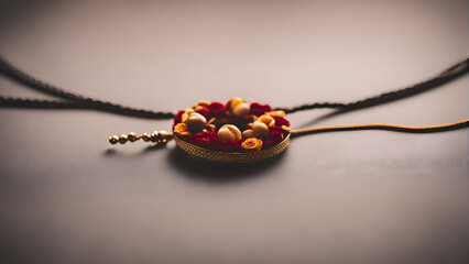 Necklace with red and yellow beads on a gray background.