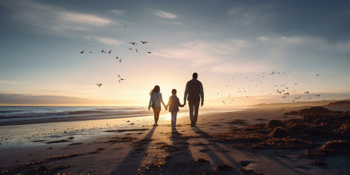 Landscape photography of a family with two parents and a child, walking on the beach at sunset or sunrise, splashing through the shallows or a pristine beach