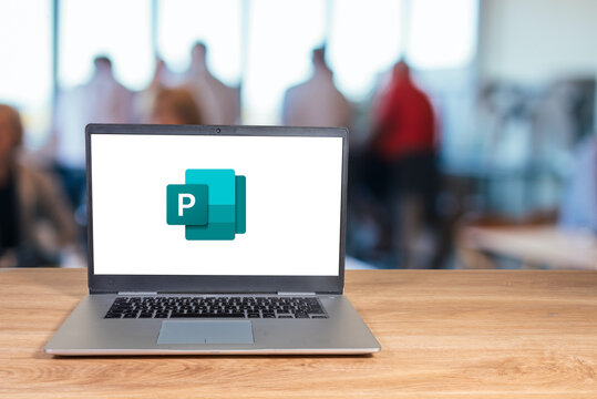Brazil, Rio de Janeiro, 10/10/2023. Microsoft publisher logo displayed on a laptop screen