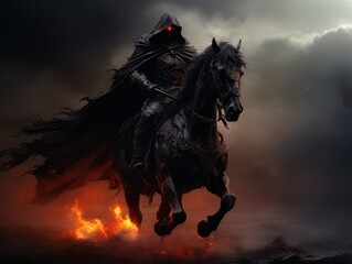 Obraz na płótnie Canvas Black horseman of apocalypse riding black horse AI