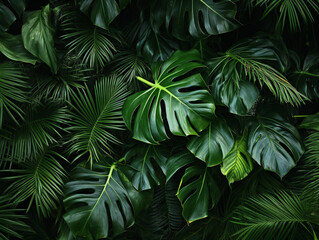 Fototapeta na wymiar A beautiful cluster of dark green tropical leaves as a background, creating a lush and refreshing atmosphere.