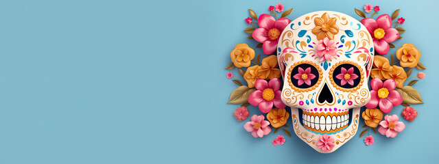 Mexican sugar skull on light pastel blue background , Painted human skull for the Day of the Dead, Dia De Los Muertos in Mexico, banner design with copyspace for text